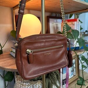 Coach Tan Leather Crossbody Bag with Gold Chain